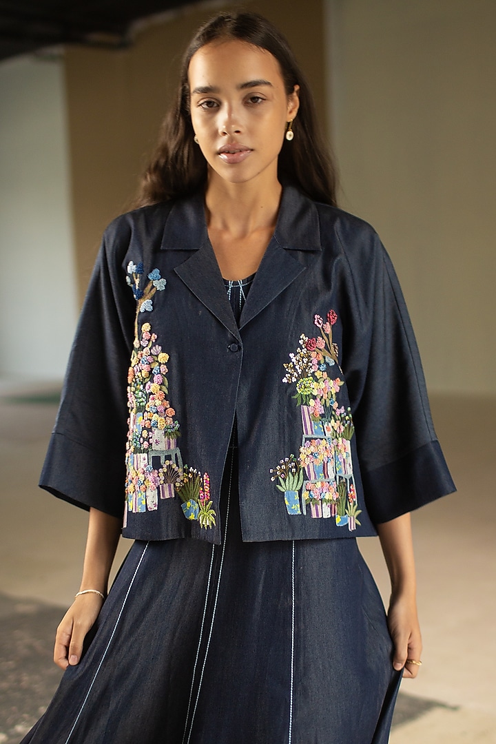 Dark Blue Tencel Denim A-Line Vacation Dress With Jacket by OJA at Pernia's Pop Up Shop