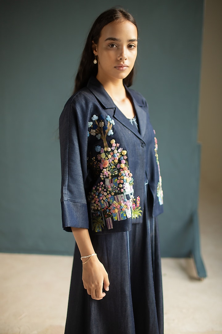 Dark Blue Tencel Denim A-Line Vacation Dress With Jacket by OJA at Pernia's Pop Up Shop