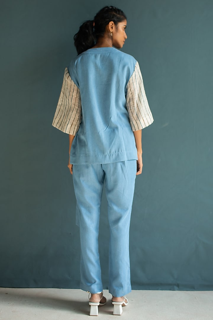 Light Blue Handloom Linen Embroidered Co-Ord Set by OJA at Pernia's Pop Up Shop