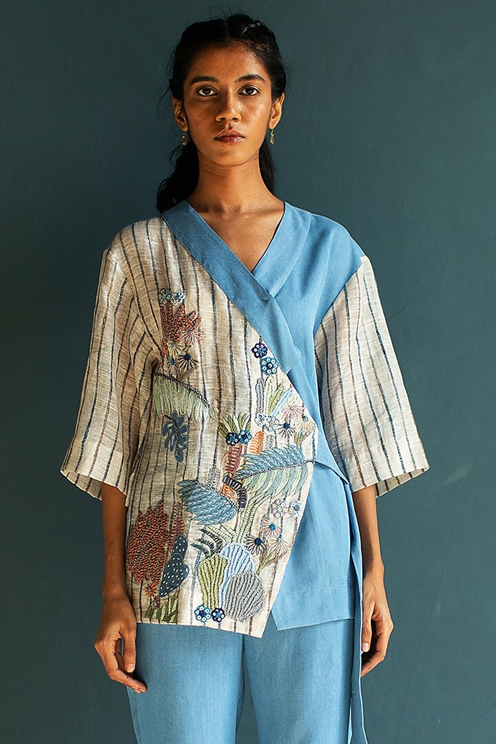 Light Blue Handloom Linen Embroidered Co-Ord Set by OJA at Pernia's Pop Up Shop