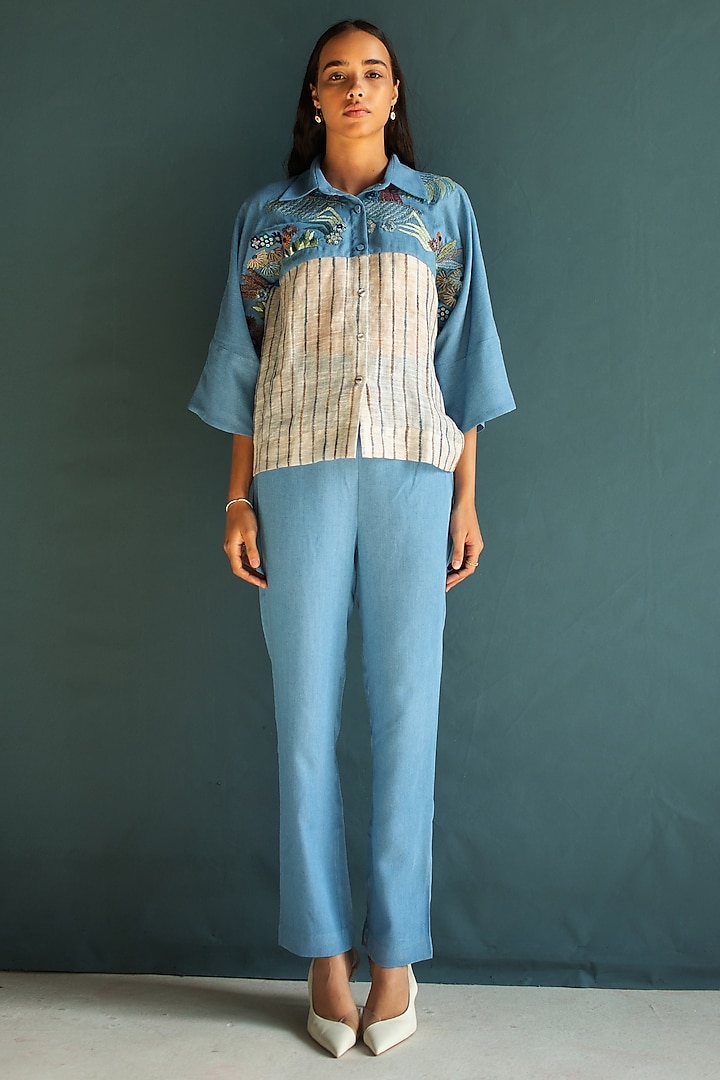 Light Blue Denim & Linen Hand Knot Embroidered Co-Ord Set by OJA at Pernia's Pop Up Shop