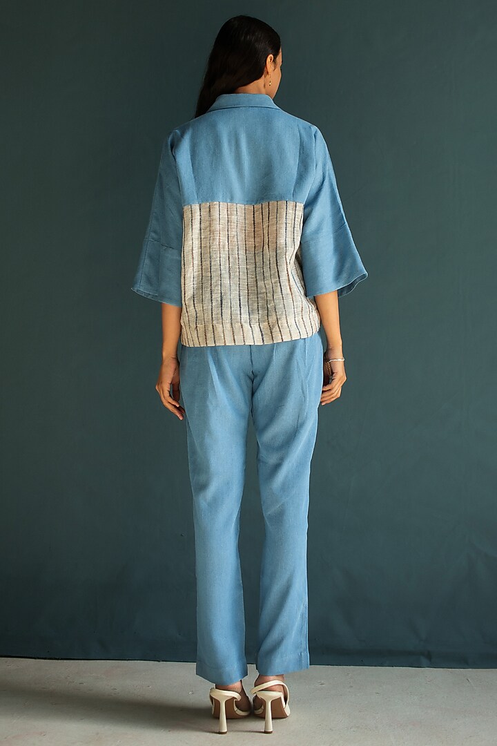Light Blue Denim & Linen Hand Knot Embroidered Co-Ord Set by OJA at Pernia's Pop Up Shop