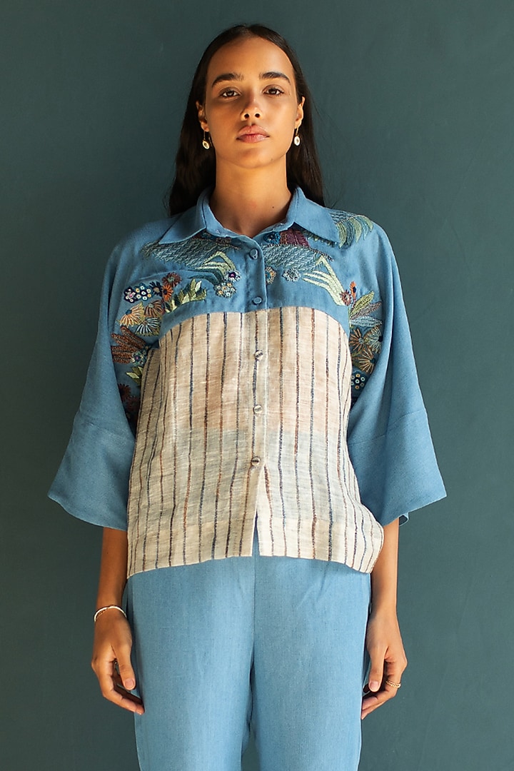 Light Blue Denim & Linen Hand Knot Embroidered Co-Ord Set by OJA at Pernia's Pop Up Shop