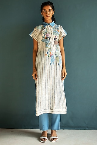 Light Blue Handloom Linen Hand Embroidered Kurta Set by OJA