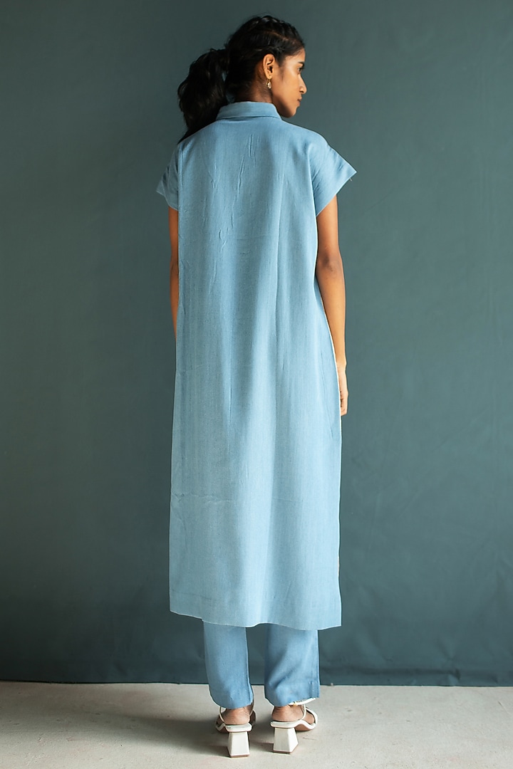 Light Blue Handloom Linen Hand Embroidered Kurta Set by OJA at Pernia's Pop Up Shop