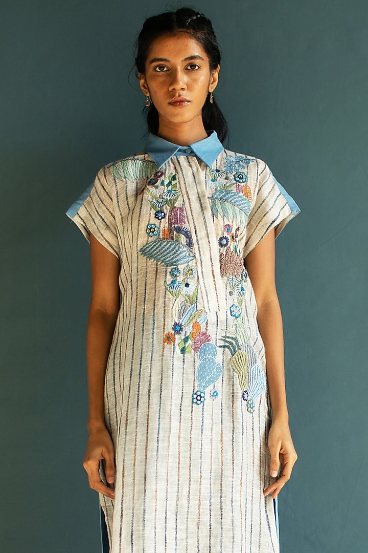 Light Blue Handloom Linen Hand Embroidered Kurta Set by OJA at Pernia's Pop Up Shop