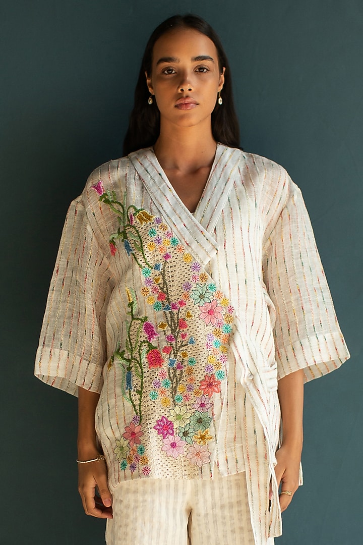 Ivory Handloom Linen Floral Embroidered Co-Ord Set by OJA at Pernia's Pop Up Shop
