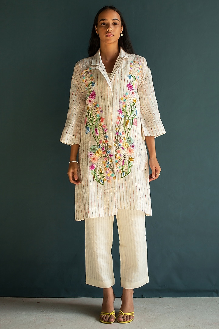 Ivory Handloom Linen Embroidered Co-Ord Set by OJA at Pernia's Pop Up Shop
