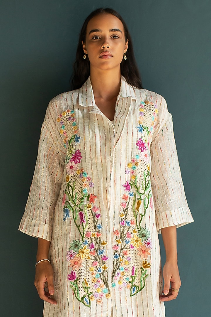 Ivory Handloom Linen Embroidered Co-Ord Set by OJA at Pernia's Pop Up Shop