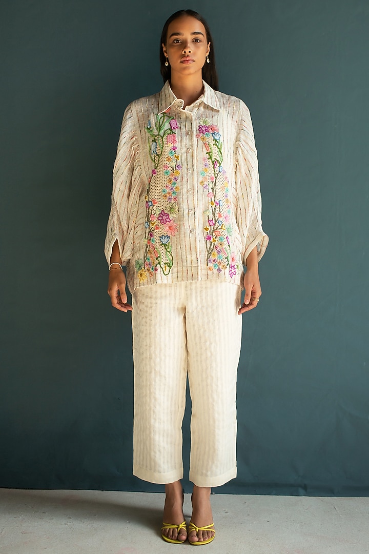 Ivory Linen Floral Embroidered Co-Ord Set by OJA at Pernia's Pop Up Shop