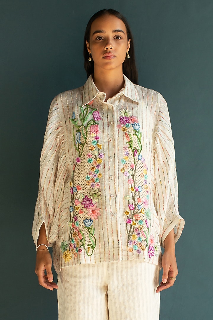 Ivory Linen Floral Embroidered Co-Ord Set by OJA at Pernia's Pop Up Shop