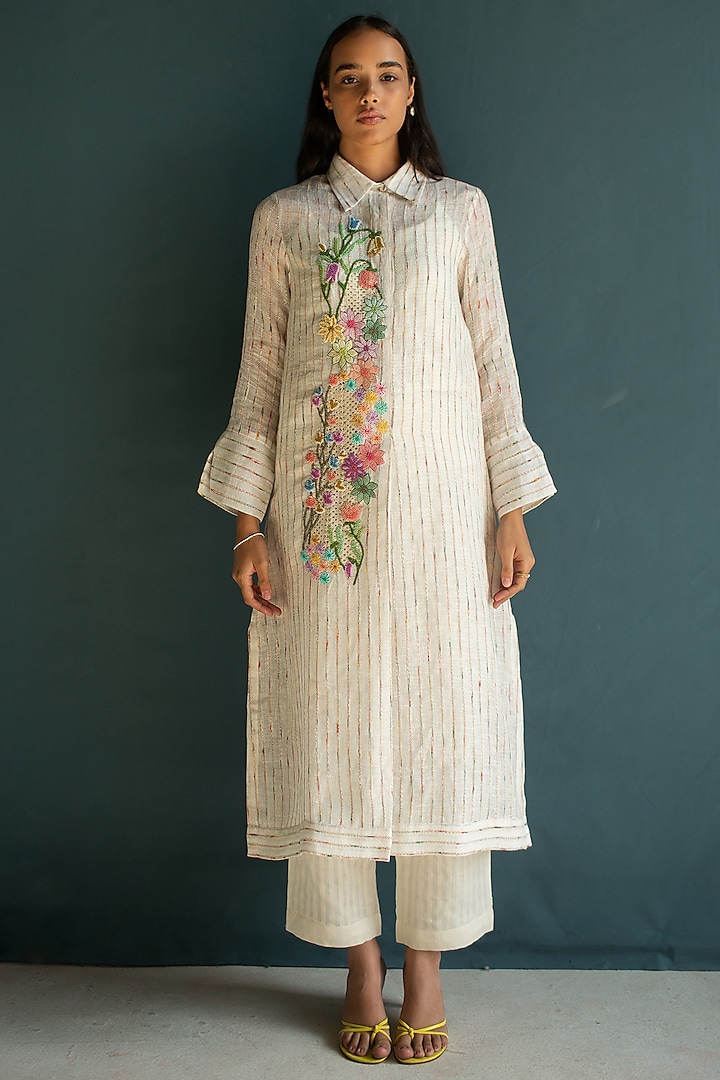 Ivory Handloom Linen Hand Embroidered Kurta Set by OJA at Pernia's Pop Up Shop