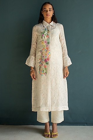 Ivory Handloom Linen Hand Embroidered Kurta Set by OJA