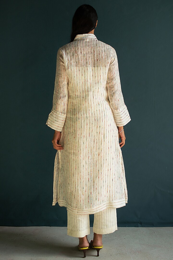 Ivory Handloom Linen Hand Embroidered Kurta Set by OJA at Pernia's Pop Up Shop