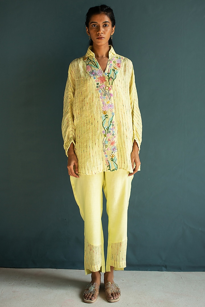 Pale Yellow Handloom Linen Floral Embroidered Co-Ord Set by OJA at Pernia's Pop Up Shop