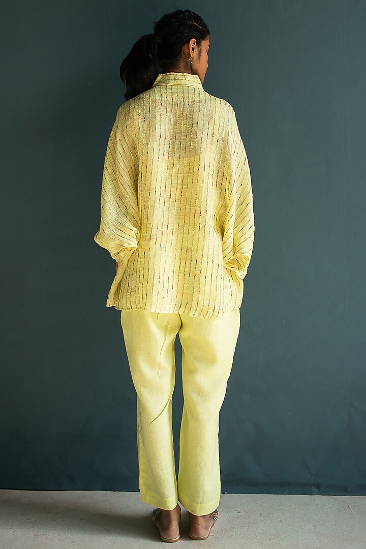 Pale Yellow Handloom Linen Floral Embroidered Co-Ord Set by OJA at Pernia's Pop Up Shop