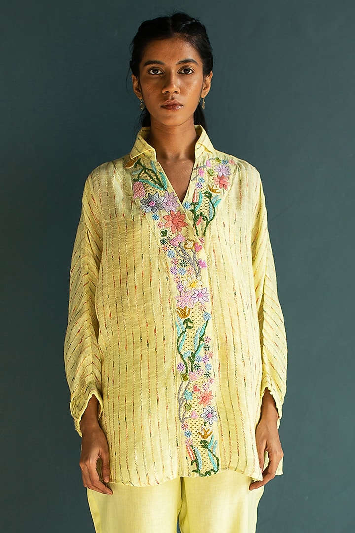Pale Yellow Handloom Linen Floral Embroidered Co-Ord Set by OJA at Pernia's Pop Up Shop