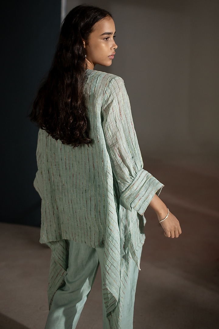 Blue Handloom Linen Floral Embroidered Co-Ord Set by OJA at Pernia's Pop Up Shop