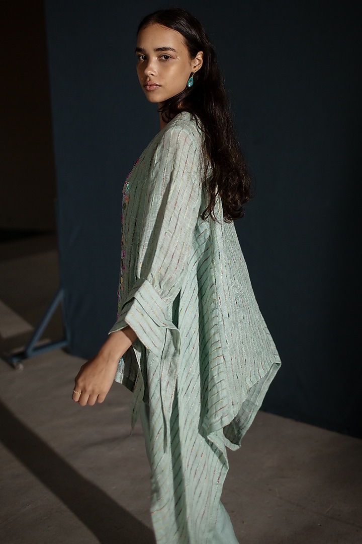 Blue Handloom Linen Floral Embroidered Co-Ord Set by OJA at Pernia's Pop Up Shop