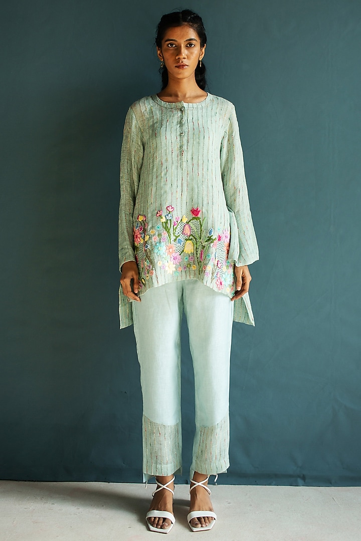 Blue Handloom Linen Floral Embroidered Co-Ord Set by OJA at Pernia's Pop Up Shop