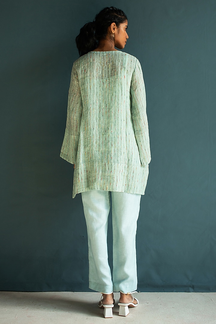 Blue Handloom Linen Floral Embroidered Co-Ord Set by OJA at Pernia's Pop Up Shop