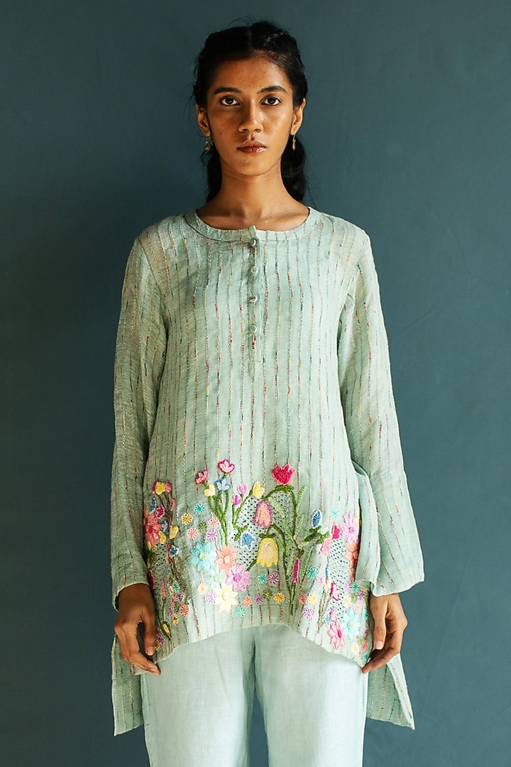 Blue Handloom Linen Floral Embroidered Co-Ord Set by OJA at Pernia's Pop Up Shop