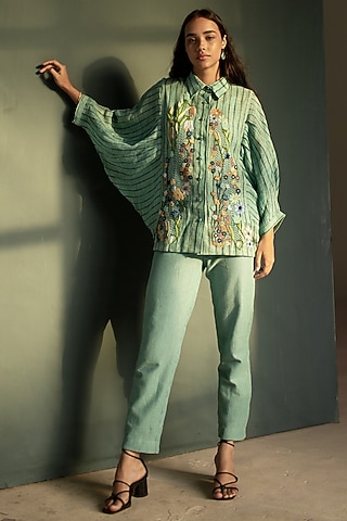 Blue Handloom Linen Floral Embroidered Co-Ord Set by OJA