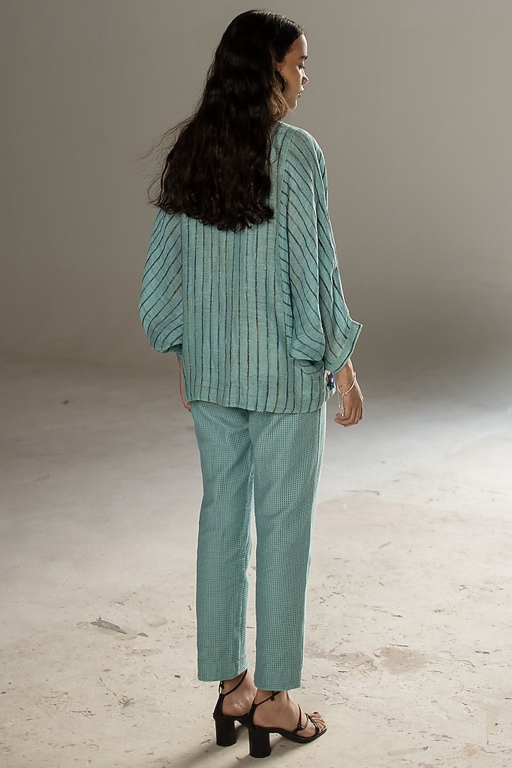 Blue Handloom Linen Floral Embroidered Co-Ord Set by OJA at Pernia's Pop Up Shop