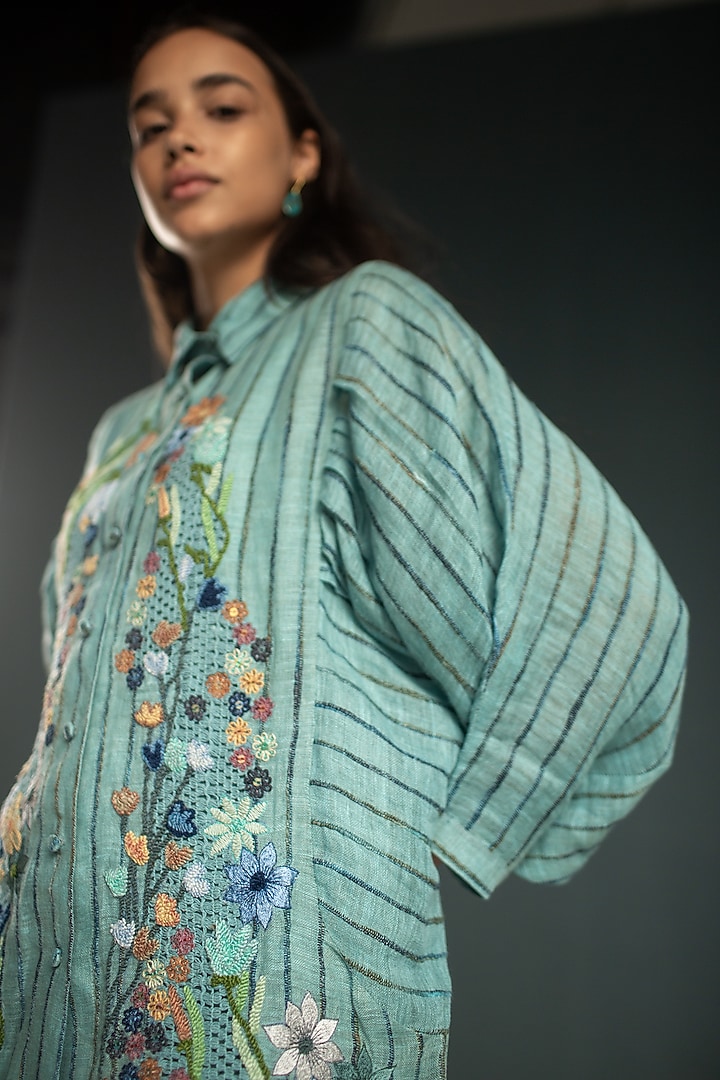 Blue Handloom Linen Floral Embroidered Co-Ord Set by OJA at Pernia's Pop Up Shop