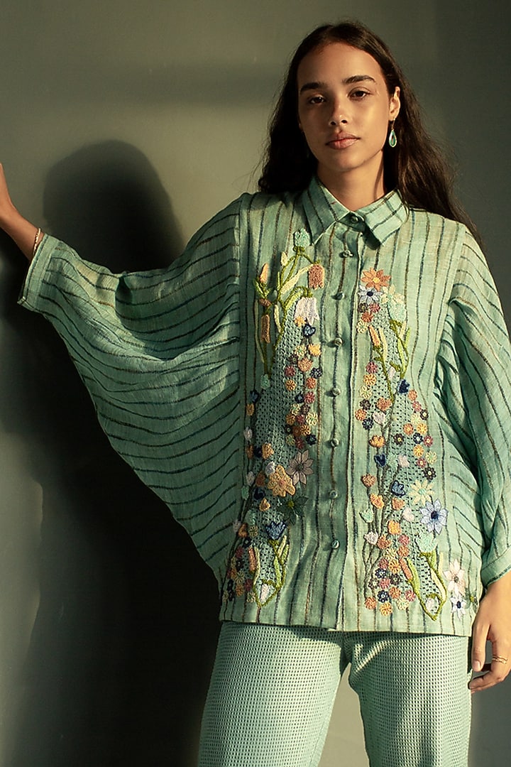 Blue Handloom Linen Floral Embroidered Co-Ord Set by OJA at Pernia's Pop Up Shop