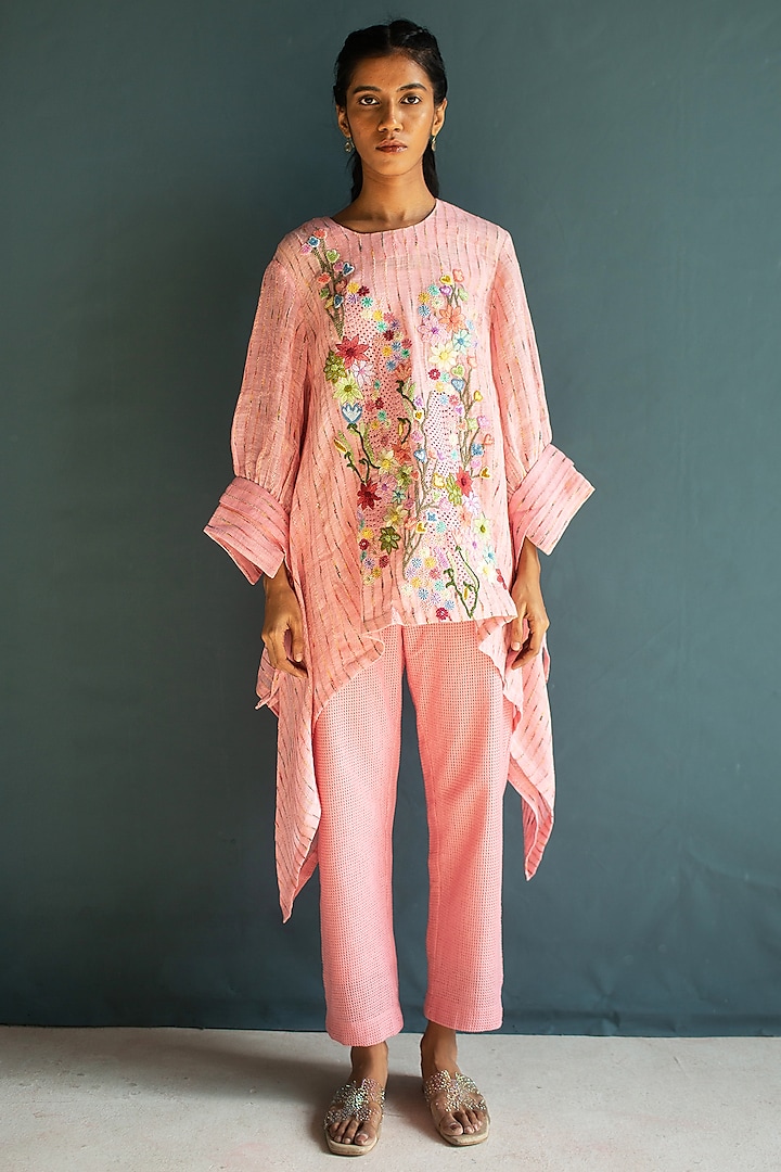 Rose Pink Handloom Linen Floral Embroidered Co-Ord Set by OJA