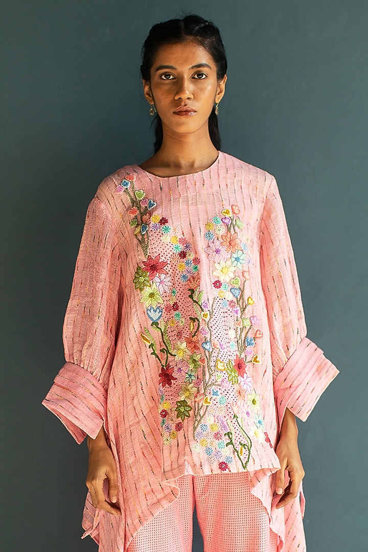 Rose Pink Handloom Linen Floral Embroidered Co-Ord Set by OJA at Pernia's Pop Up Shop