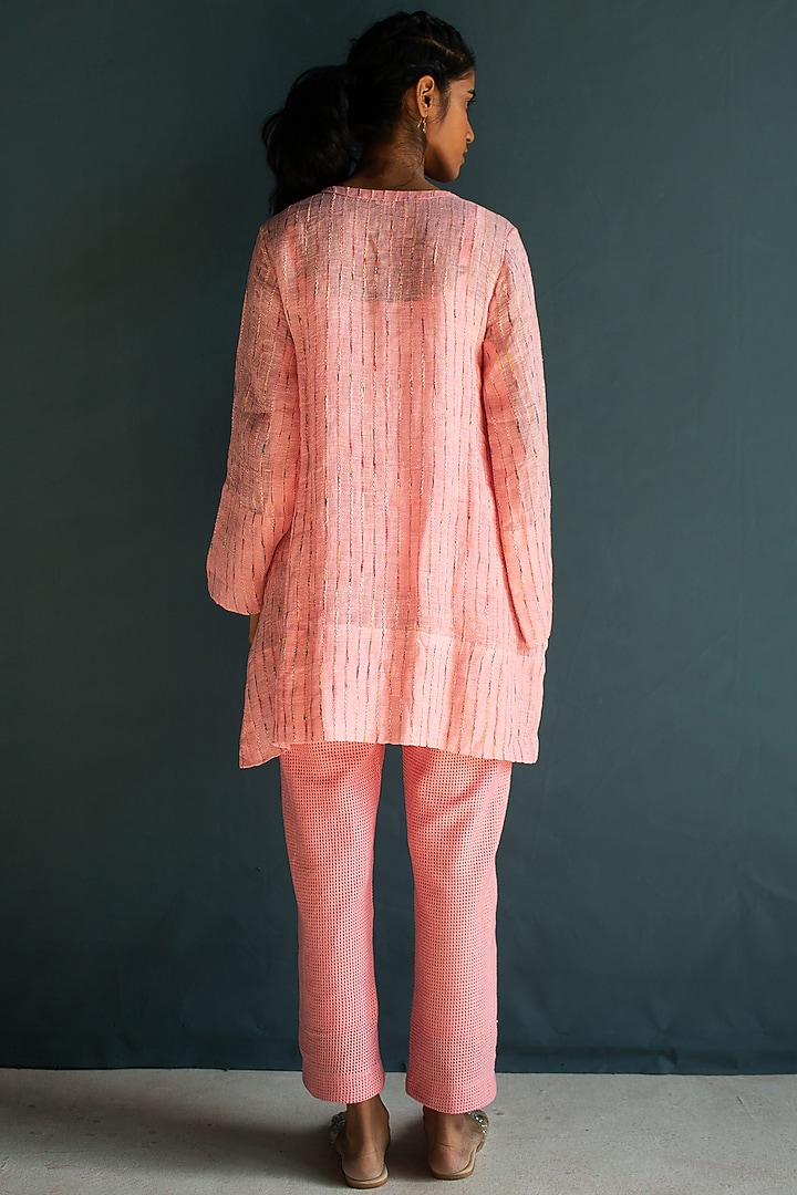 Rose Pink Handloom Linen Floral Embroidered Co-Ord Set by OJA at Pernia's Pop Up Shop