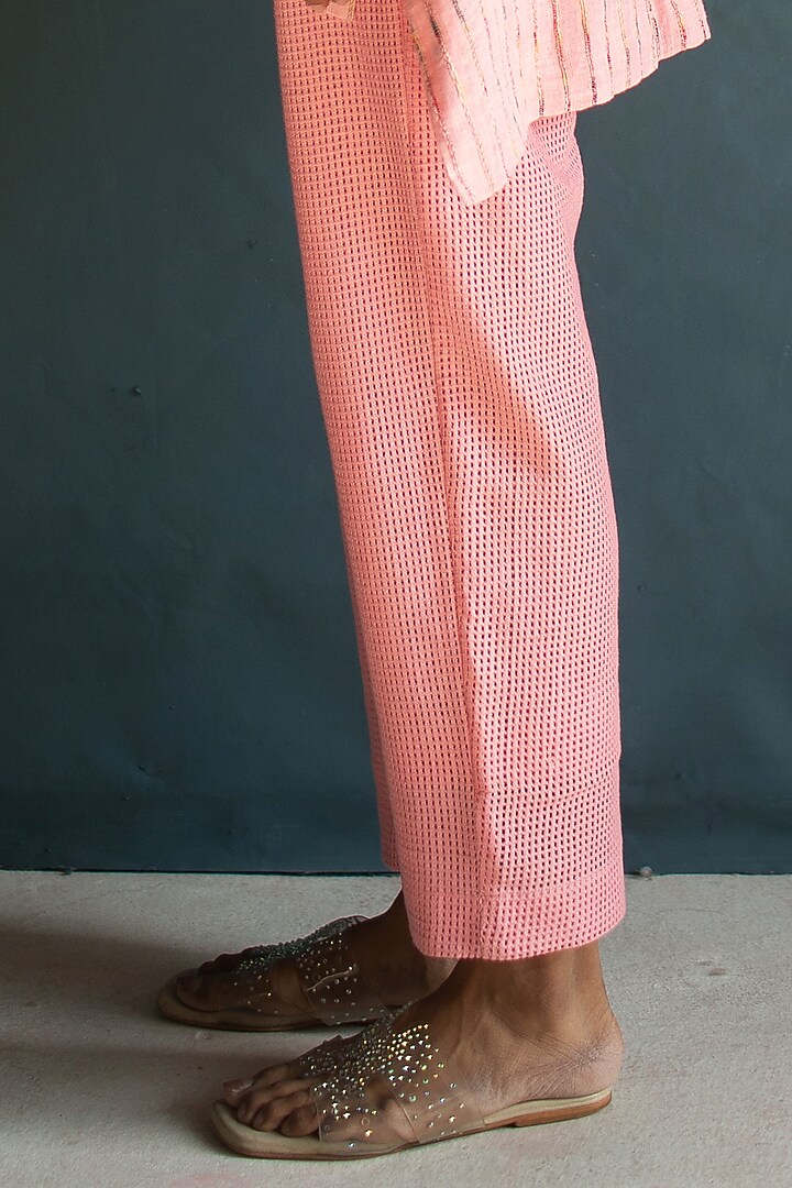 Rose Pink Handloom Linen Floral Embroidered Co-Ord Set by OJA at Pernia's Pop Up Shop