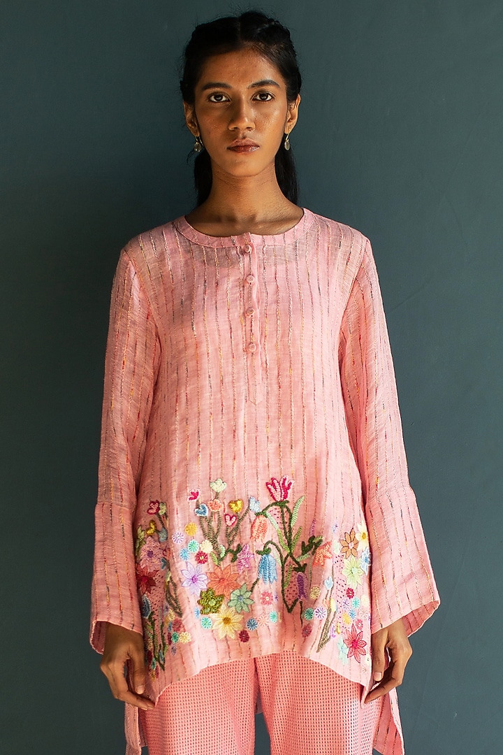 Rose Pink Handloom Linen Floral Embroidered Co-Ord Set by OJA at Pernia's Pop Up Shop