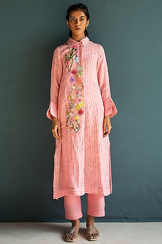 Rose Pink Handloom Linen Embroidered Kurta Set by OJA