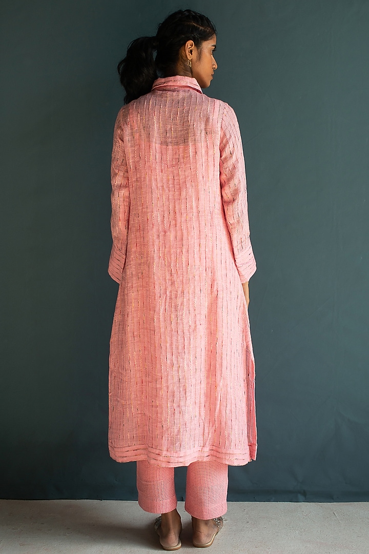 Rose Pink Handloom Linen Embroidered Kurta Set by OJA at Pernia's Pop Up Shop