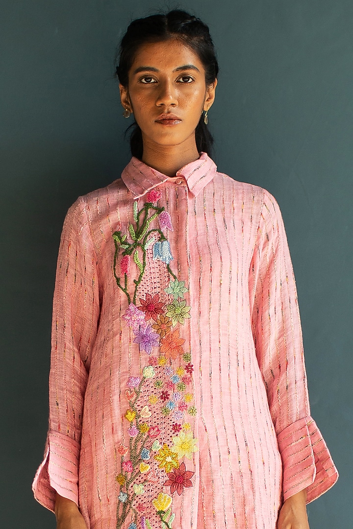 Rose Pink Handloom Linen Embroidered Kurta Set by OJA at Pernia's Pop Up Shop