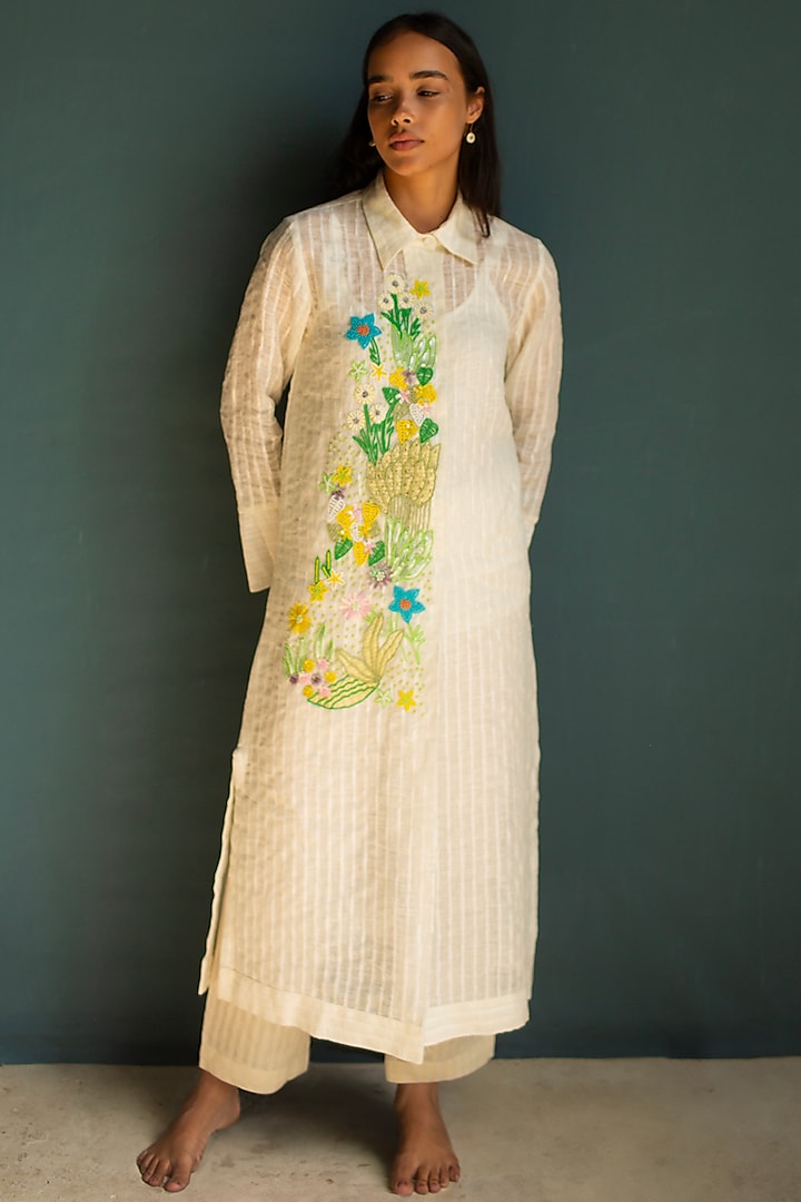 Ivory Linen Fletcher Hand Embroidered Kurta Set by OJA at Pernia's Pop Up Shop