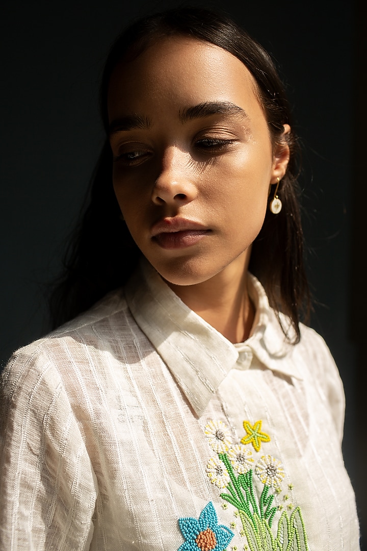 Ivory Linen Fletcher Hand Embroidered Kurta Set by OJA at Pernia's Pop Up Shop