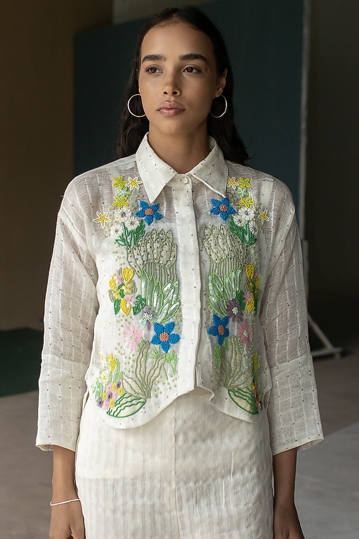 Ivory Linen Fletcher Hand Embroidered Co-Ord Set by OJA at Pernia's Pop Up Shop