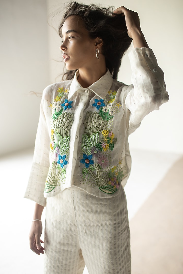 Ivory Linen Fletcher Hand Embroidered Co-Ord Set by OJA at Pernia's Pop Up Shop