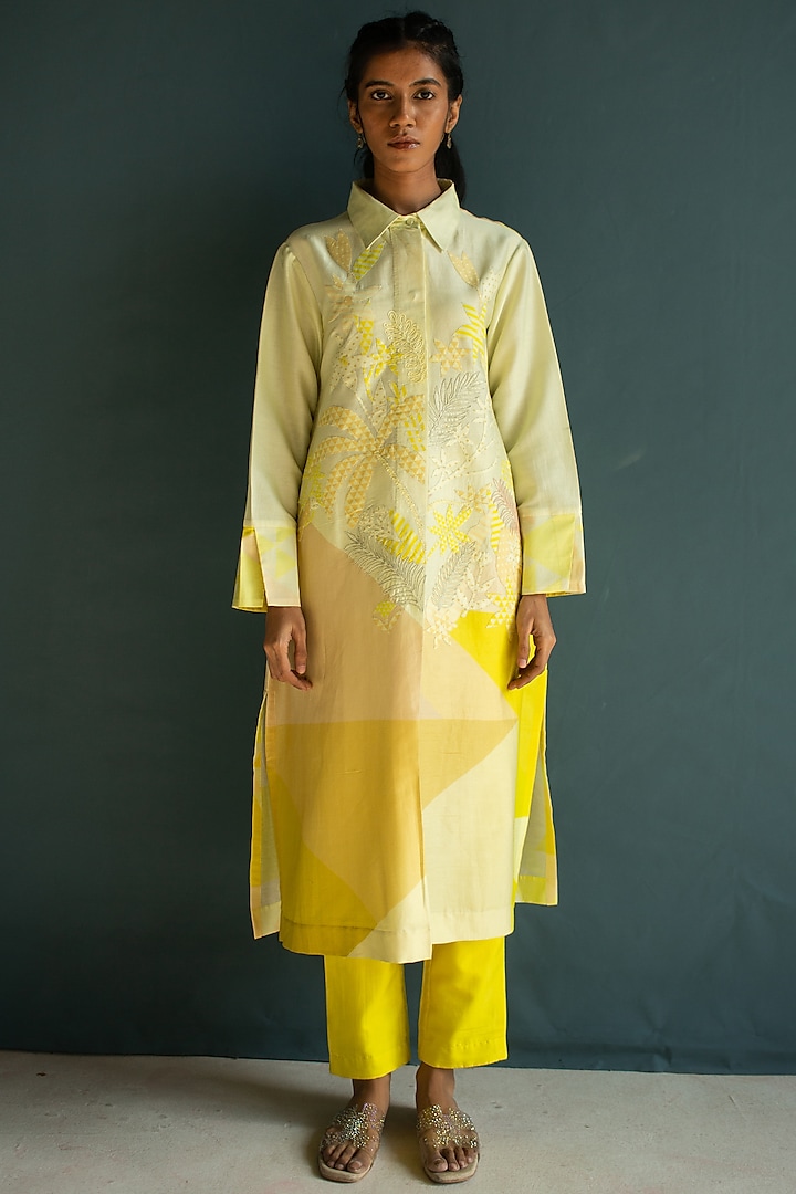 Sunflower Yellow Handloom Silk Chanderi Embroidered Kurta Set by OJA at Pernia's Pop Up Shop