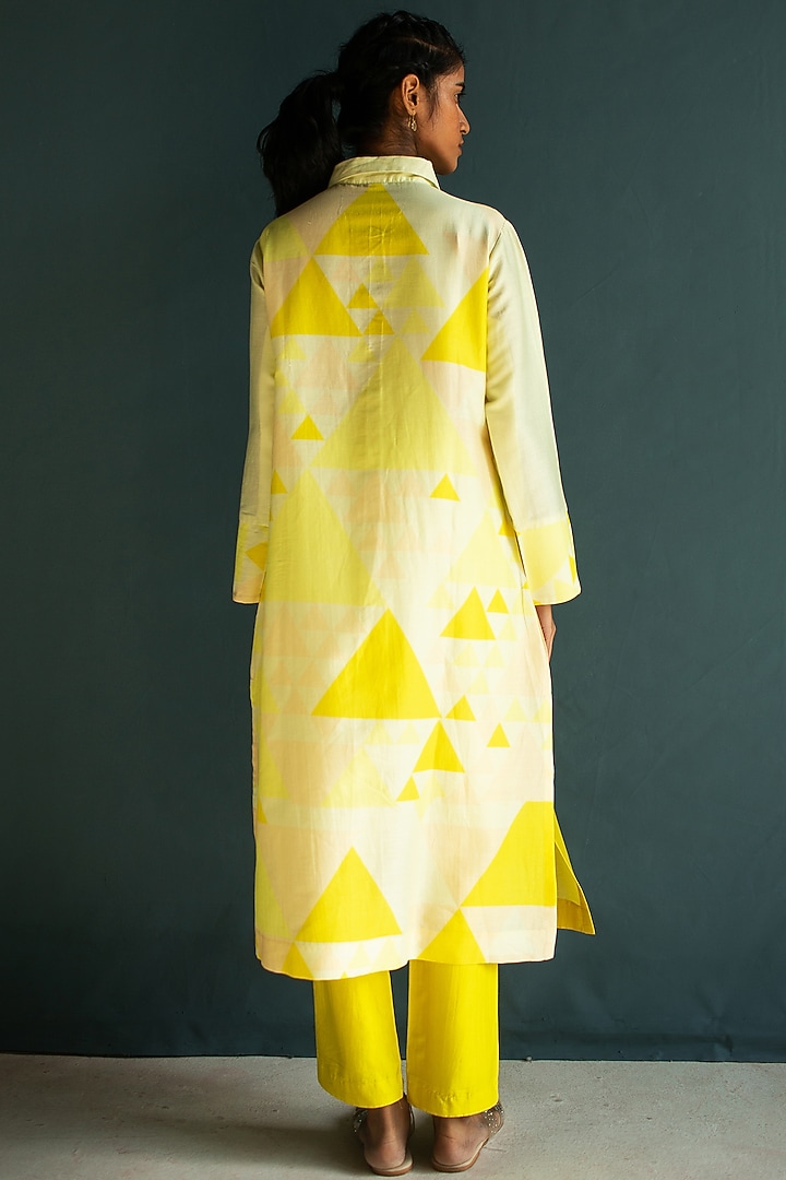 Sunflower Yellow Handloom Silk Chanderi Embroidered Kurta Set by OJA at Pernia's Pop Up Shop