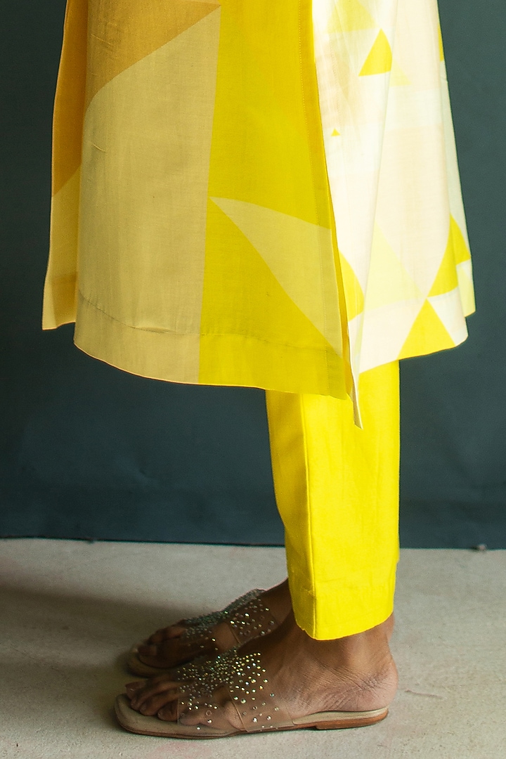Sunflower Yellow Handloom Silk Chanderi Embroidered Kurta Set by OJA at Pernia's Pop Up Shop