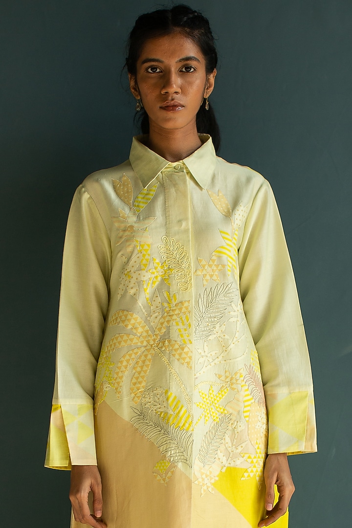 Sunflower Yellow Handloom Silk Chanderi Embroidered Kurta Set by OJA at Pernia's Pop Up Shop