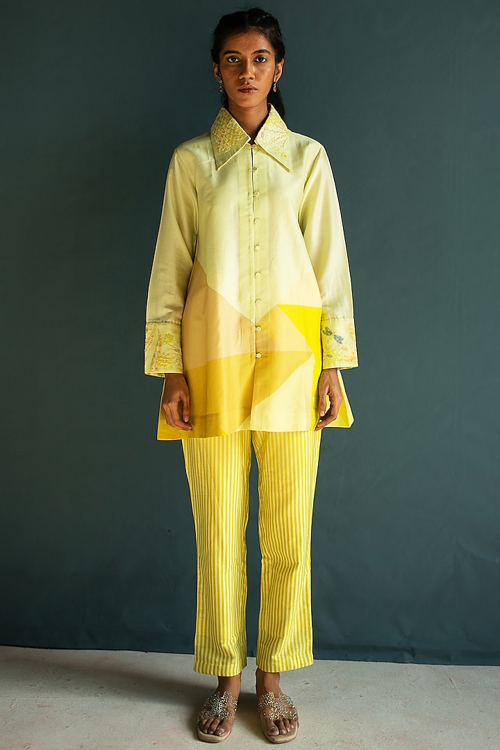 Sunflower Yellow Handloom Silk Chanderi Embroidered & Printed Co-Ord Set by OJA at Pernia's Pop Up Shop