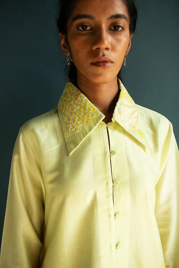 Sunflower Yellow Handloom Silk Chanderi Embroidered & Printed Co-Ord Set by OJA at Pernia's Pop Up Shop
