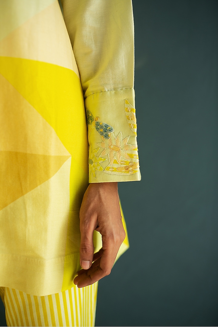 Sunflower Yellow Handloom Silk Chanderi Embroidered & Printed Co-Ord Set by OJA at Pernia's Pop Up Shop