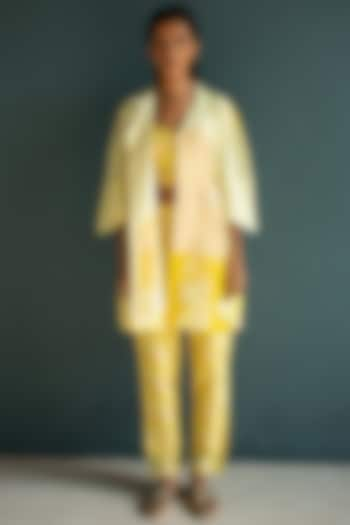 Sunflower Yellow Handloom Silk Chanderi Embroidered & Printed Co-Ord Set by OJA at Pernia's Pop Up Shop